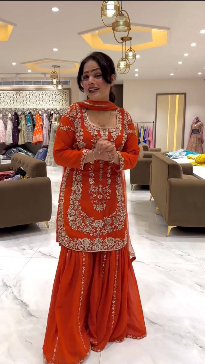 Orange Faux Georgette Sharara Set with Thread & Sequin Work Full Stitched Outfit with Lace Border Dupatta