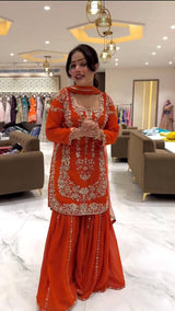 Orange Faux Georgette Sharara Set with Thread & Sequin Work Full Stitched Outfit with Lace Border Dupatta