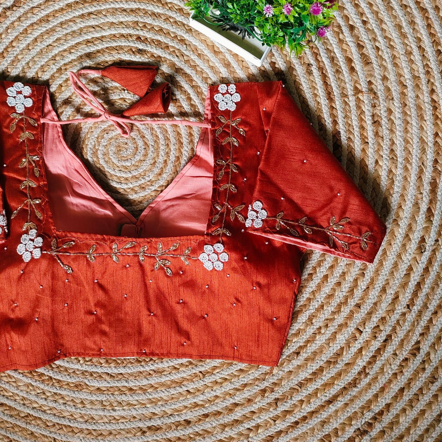 Orange Festival Wear Blouse in Assami Silk with Handcrafted Golden and Pearl Work
