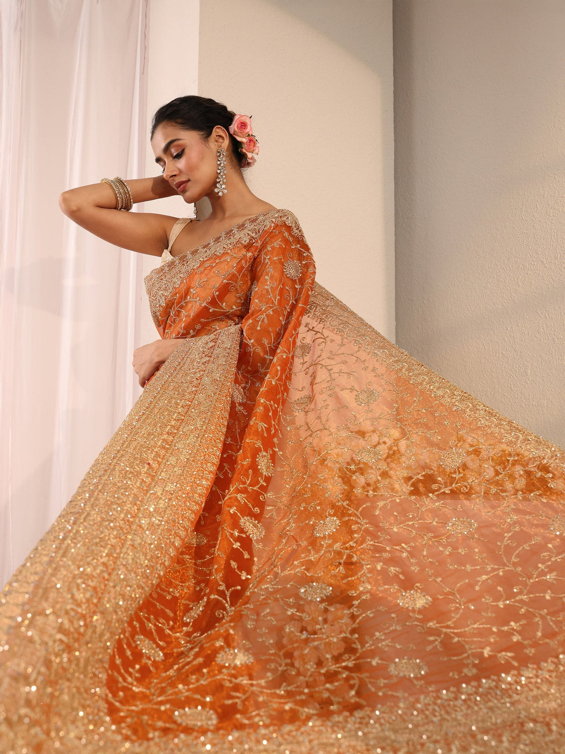 Mameraa Orange Floral Embellished Net Saree With Unstitched Blouse Piece