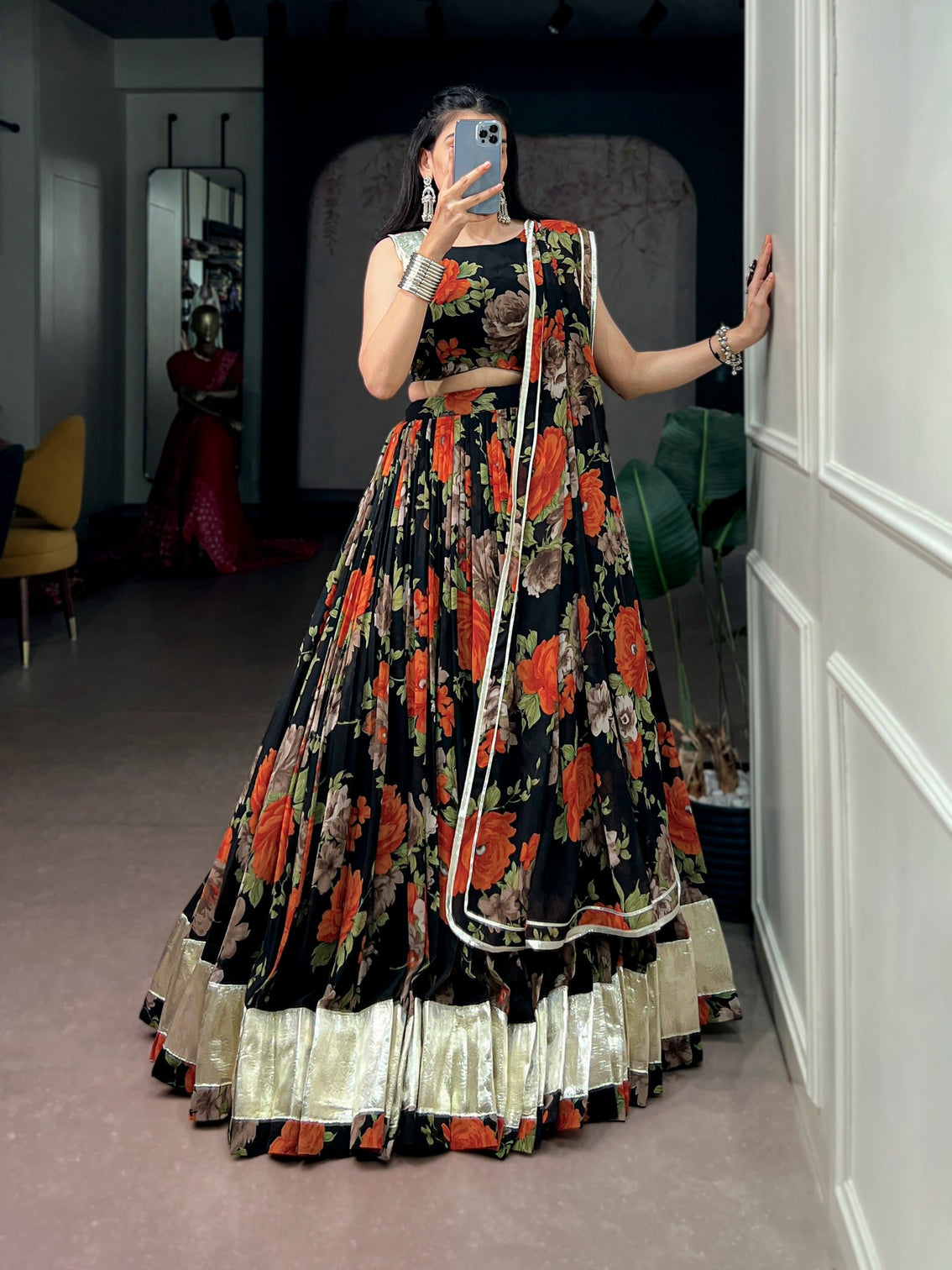 Orange Floral Print Lehenga Choli