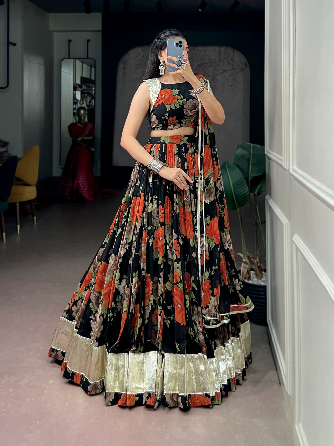 Orange Floral Print Lehenga Choli