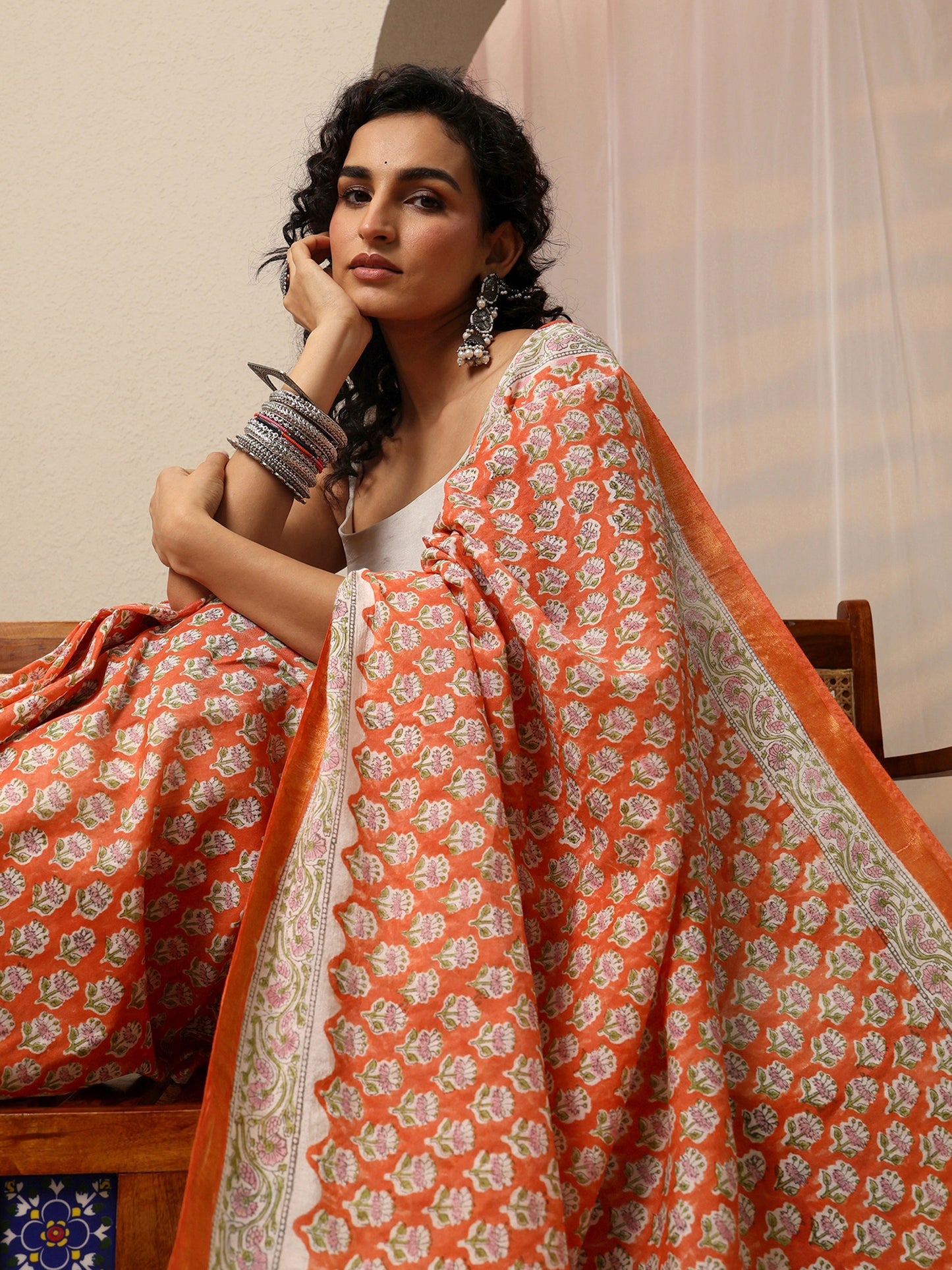 Libas Orange Floral Printed Cotton Blend Saree With Unstitched Blouse Piece
