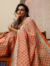 Libas Orange Floral Printed Cotton Blend Saree With Unstitched Blouse Piece