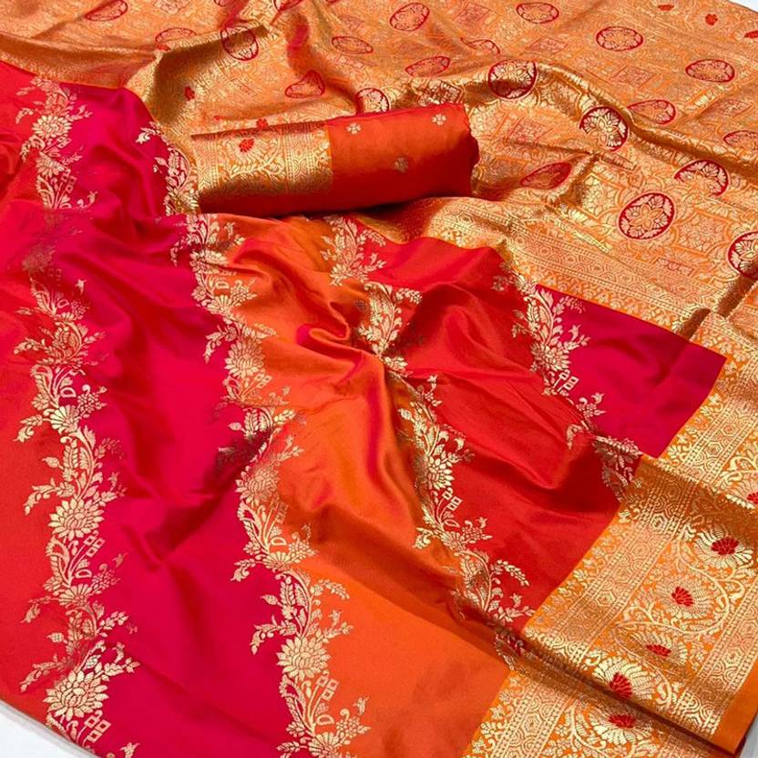 Orange Graceful Art Silk Printed Handloom Saree with Unstitched Blouse Piece