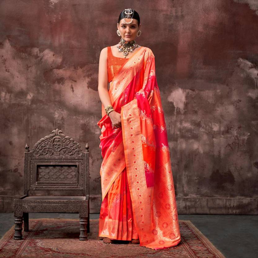 Orange Graceful Art Silk Printed Handloom Saree with Unstitched Blouse Piece