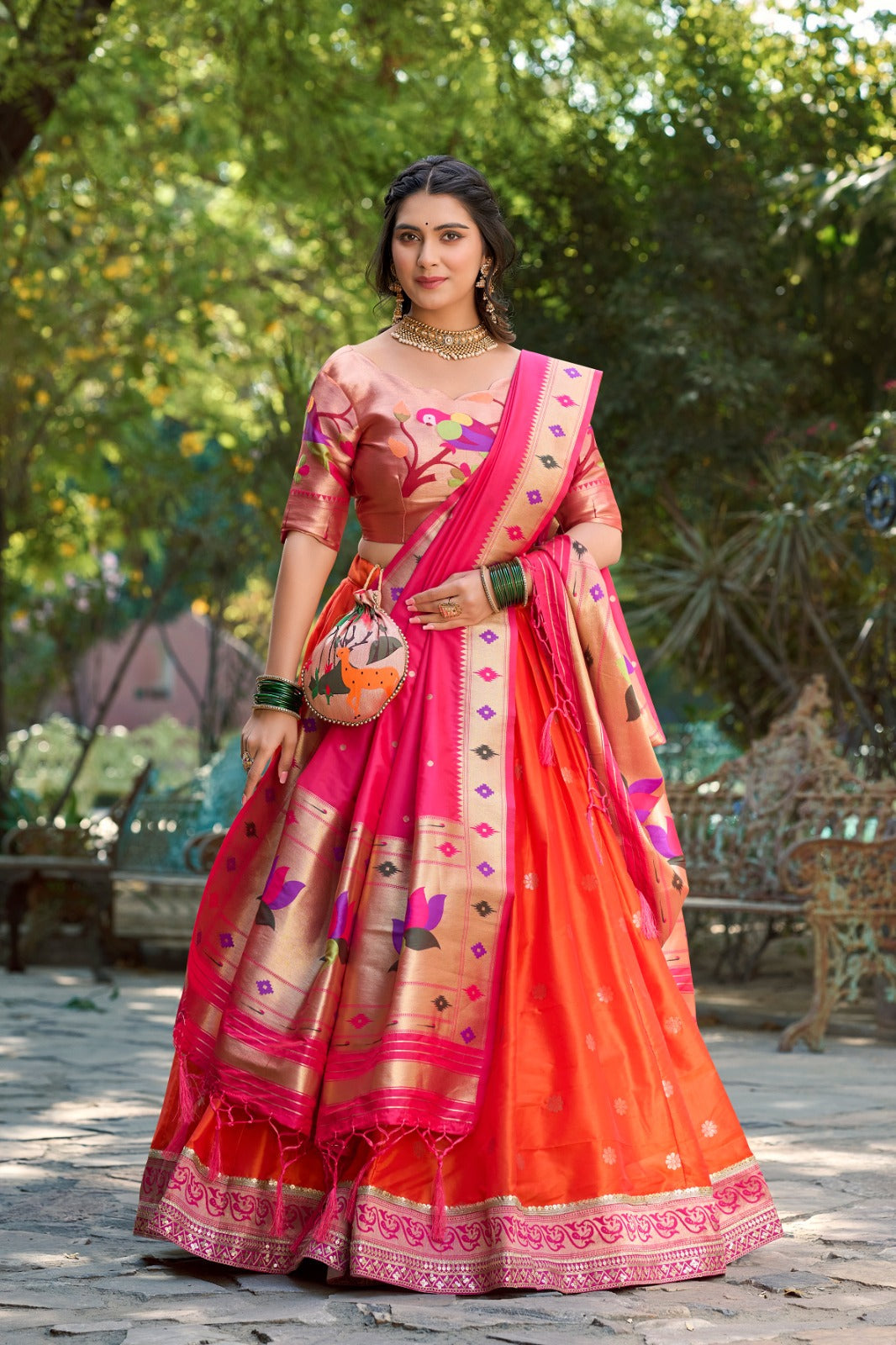 Orange Jacquard Silk Paithani Lehenga Choli Set