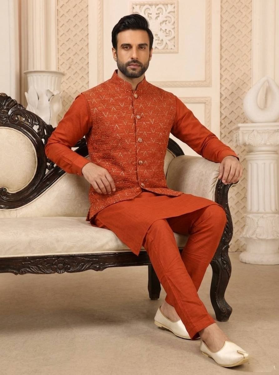 Orange Kurta Pant Set with Designer Koti