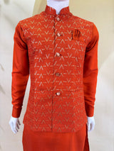 Orange Kurta Pant Set with Designer Koti