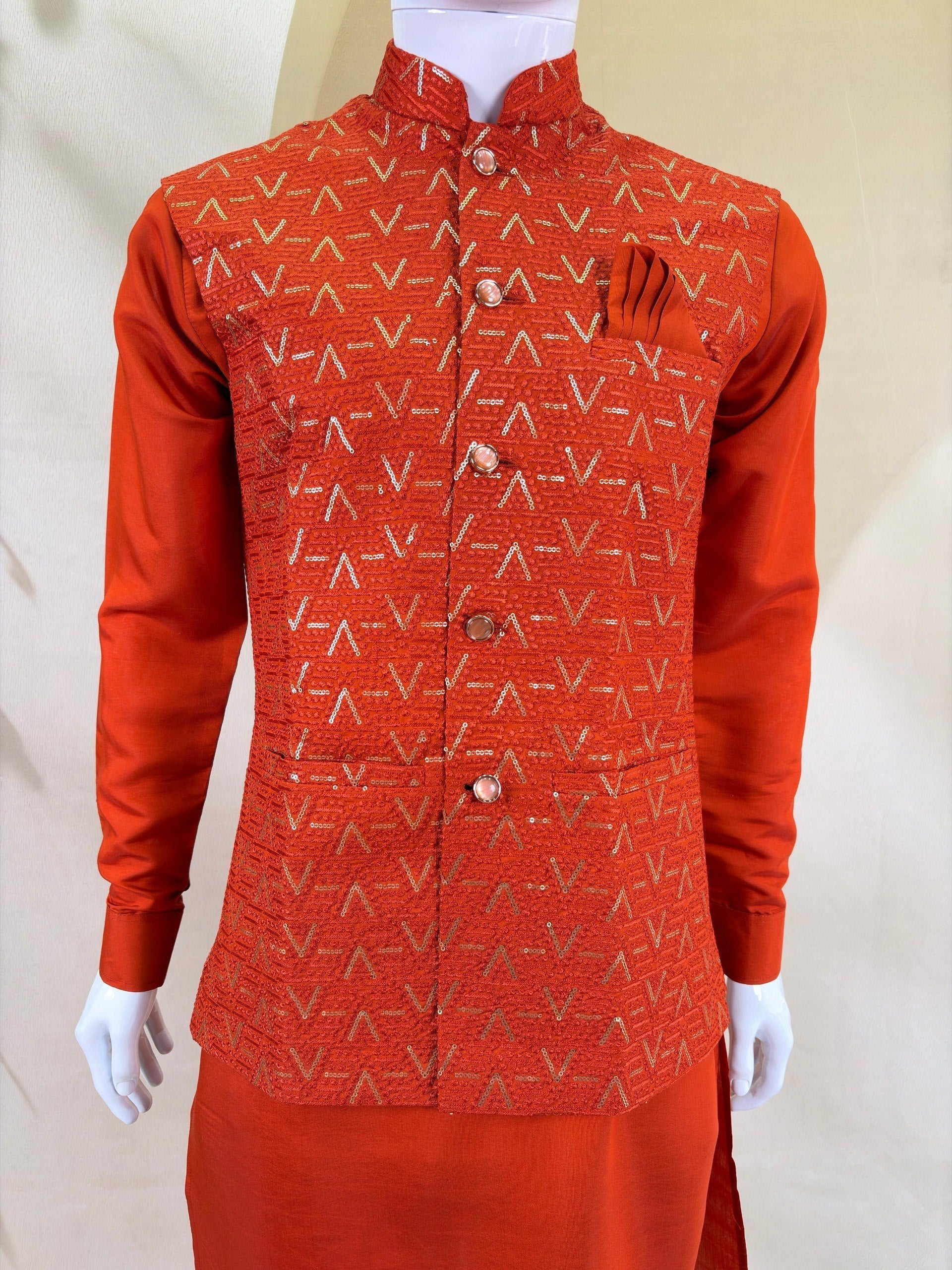 Orange Kurta Pant Set with Designer Koti