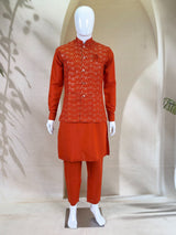 Orange Kurta Pant Set with Designer Koti