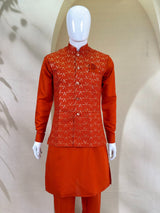 Orange Kurta Pant Set with Designer Koti