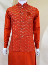Orange Kurta Pant Set with Designer Koti