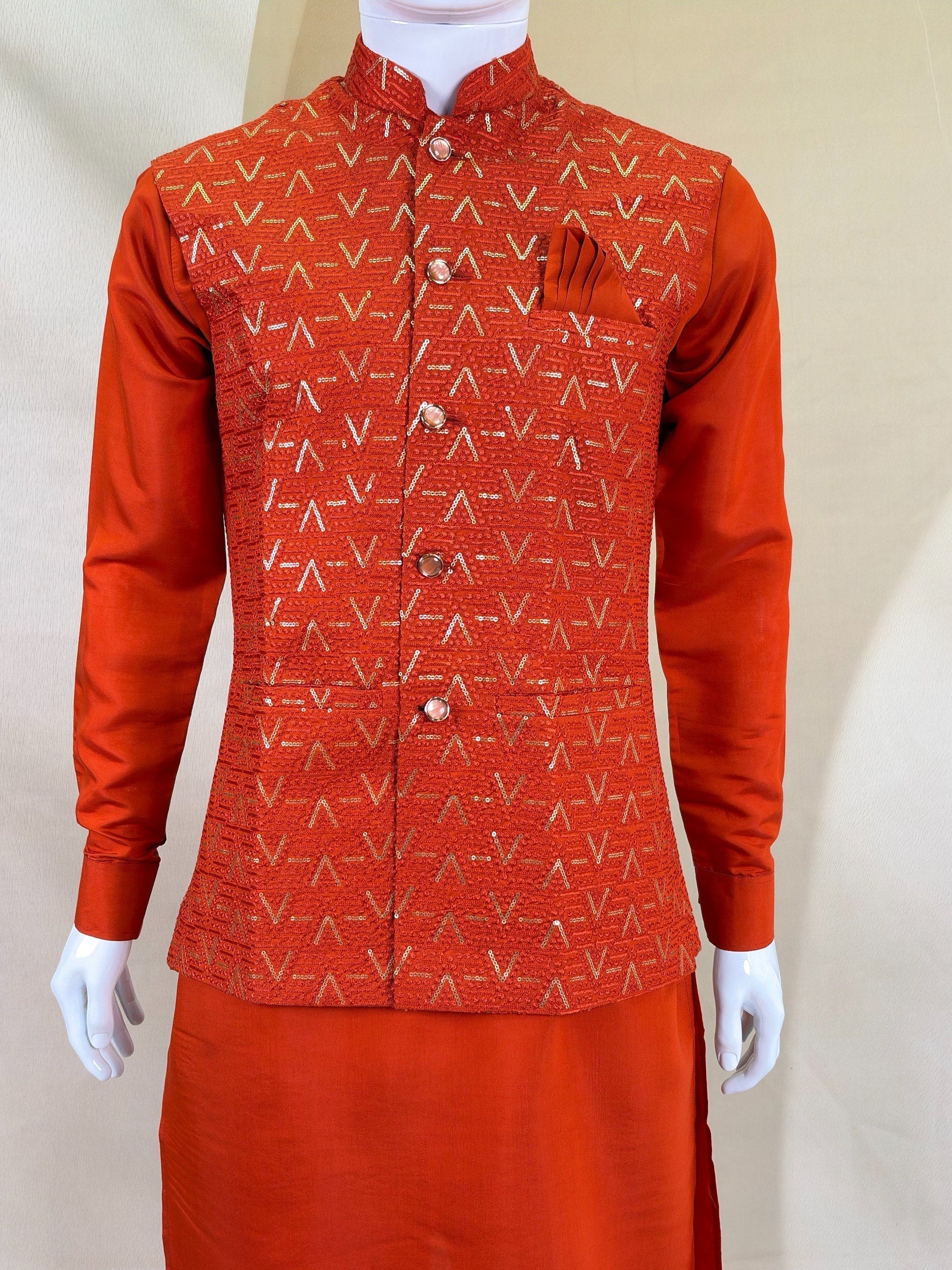Orange Kurta Pant Set with Designer Koti