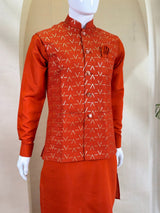 Orange Kurta Pant Set with Designer Koti