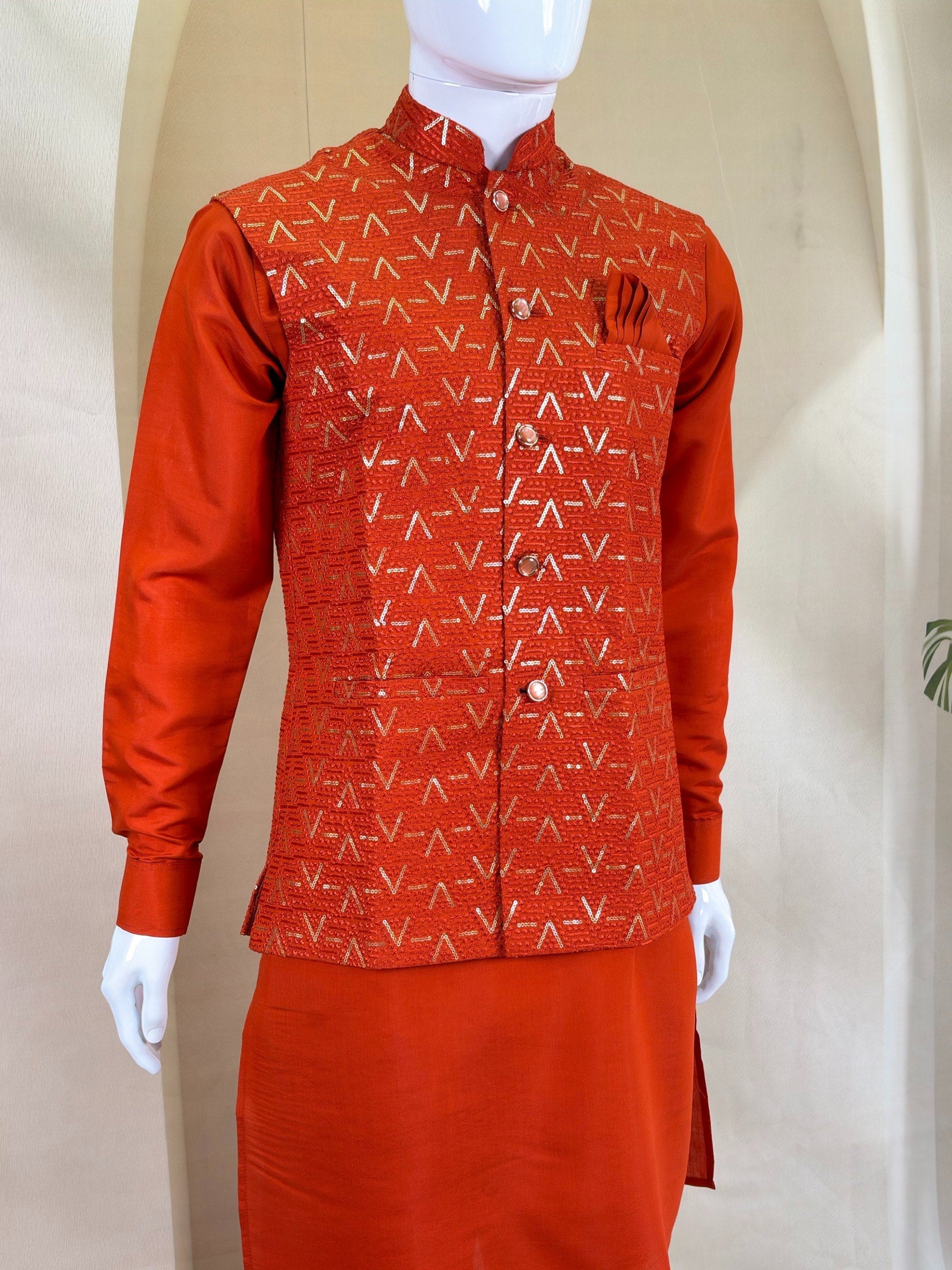 Orange Kurta Pant Set with Designer Koti