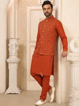 Orange Kurta Pant Set with Designer Koti