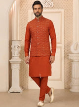 Orange Kurta Pant Set with Designer Koti