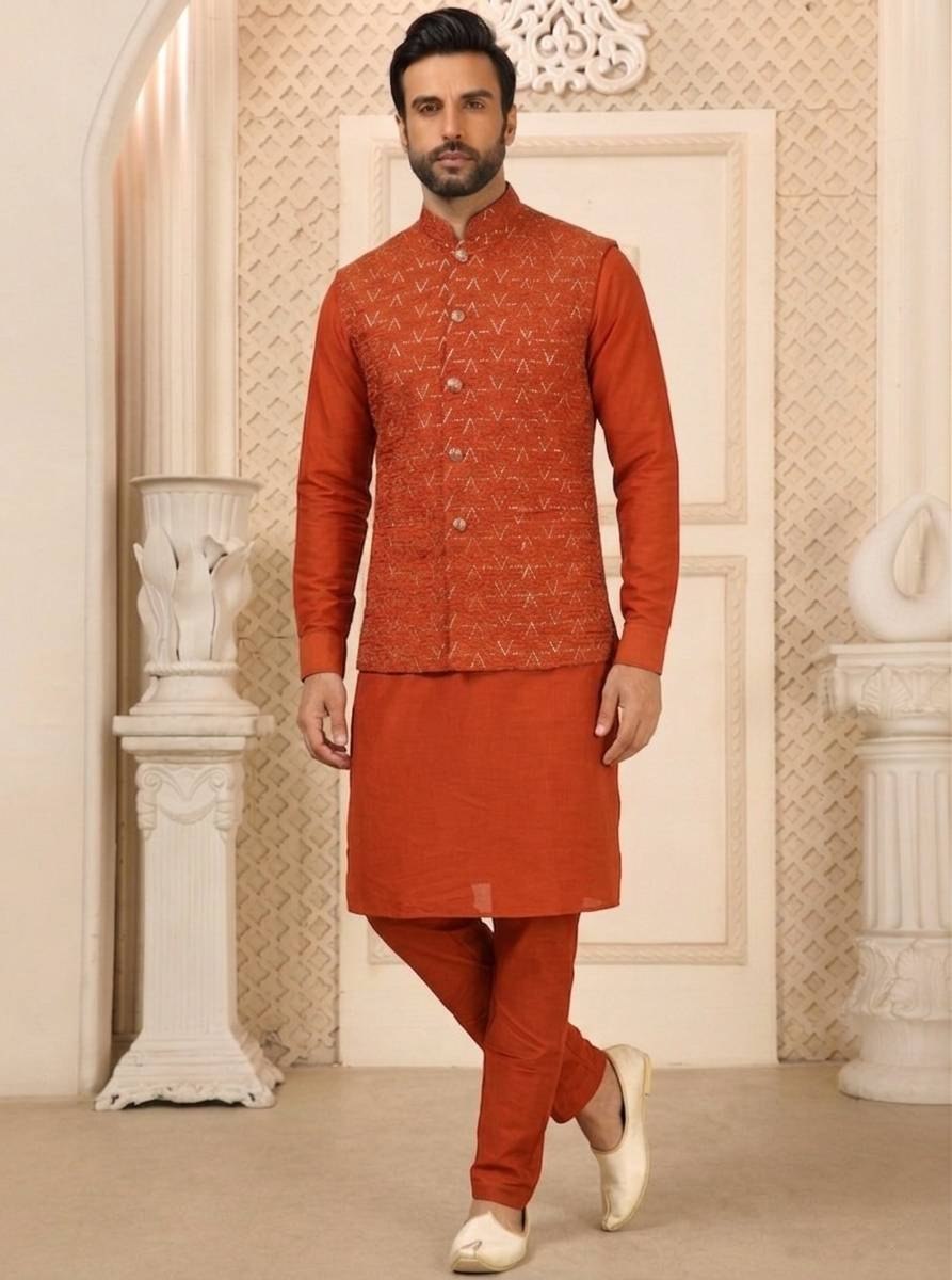 Orange Kurta Pant Set with Designer Koti
