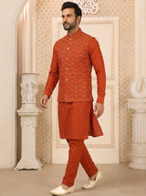 Orange Kurta Pant Set with Designer Koti
