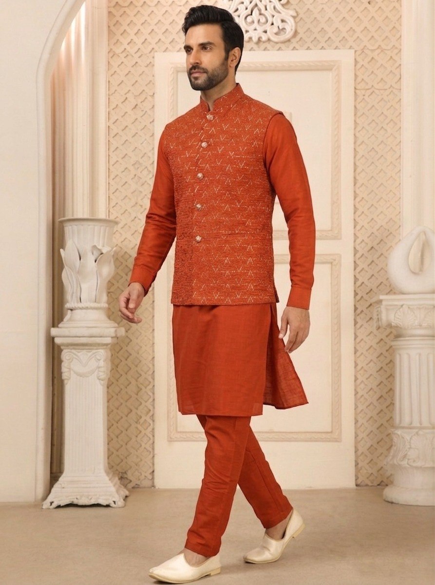 Orange Kurta Pant Set with Designer Koti
