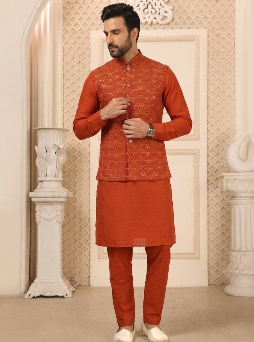 Orange Kurta Pant Set with Designer Koti