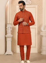 Orange Kurta Pant Set with Designer Koti