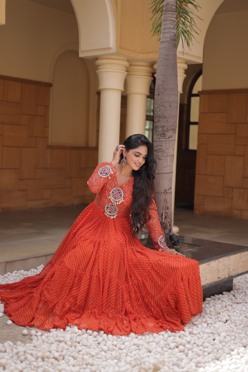 Orange Kutchi Patchwork Laheriya Gown
