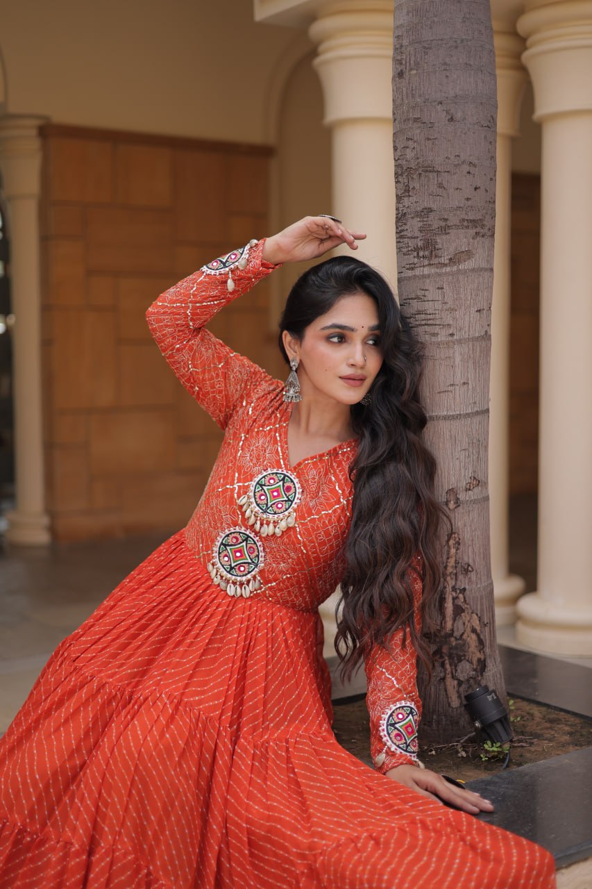 Orange Kutchi Patchwork Laheriya Gown