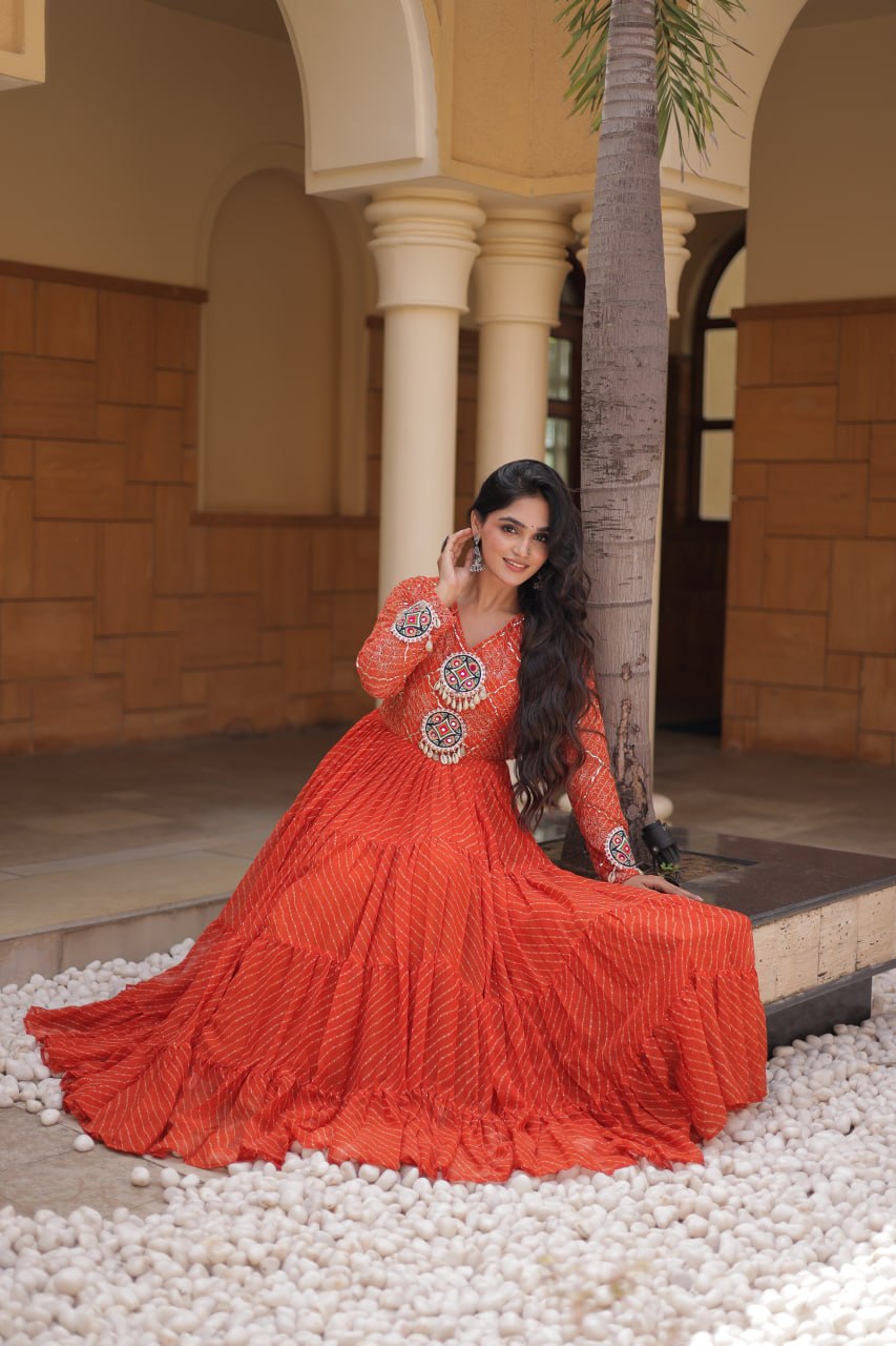 Orange Kutchi Patchwork Laheriya Gown