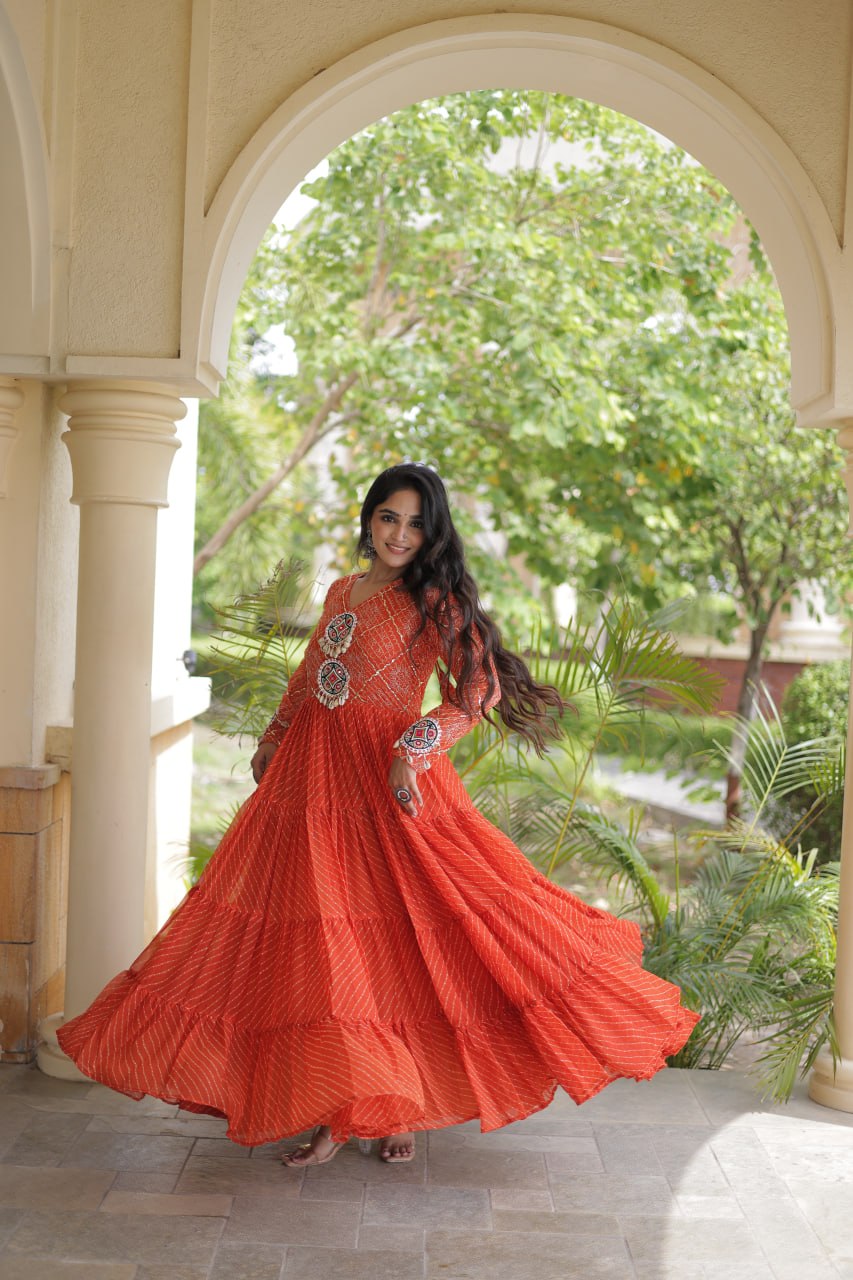Orange Kutchi Patchwork Laheriya Gown