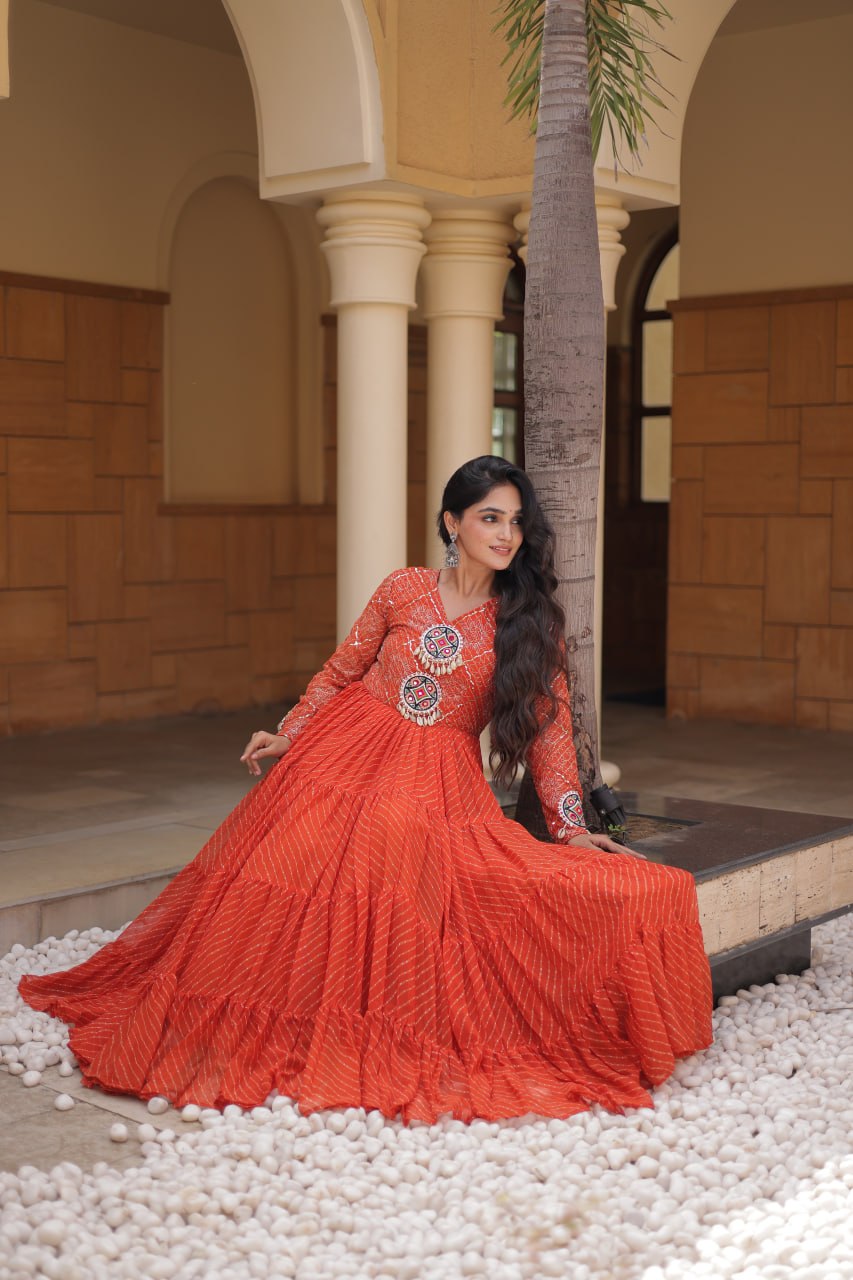 Orange Kutchi Patchwork Laheriya Gown