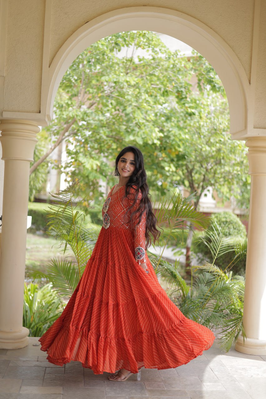 Orange Kutchi Patchwork Laheriya Gown