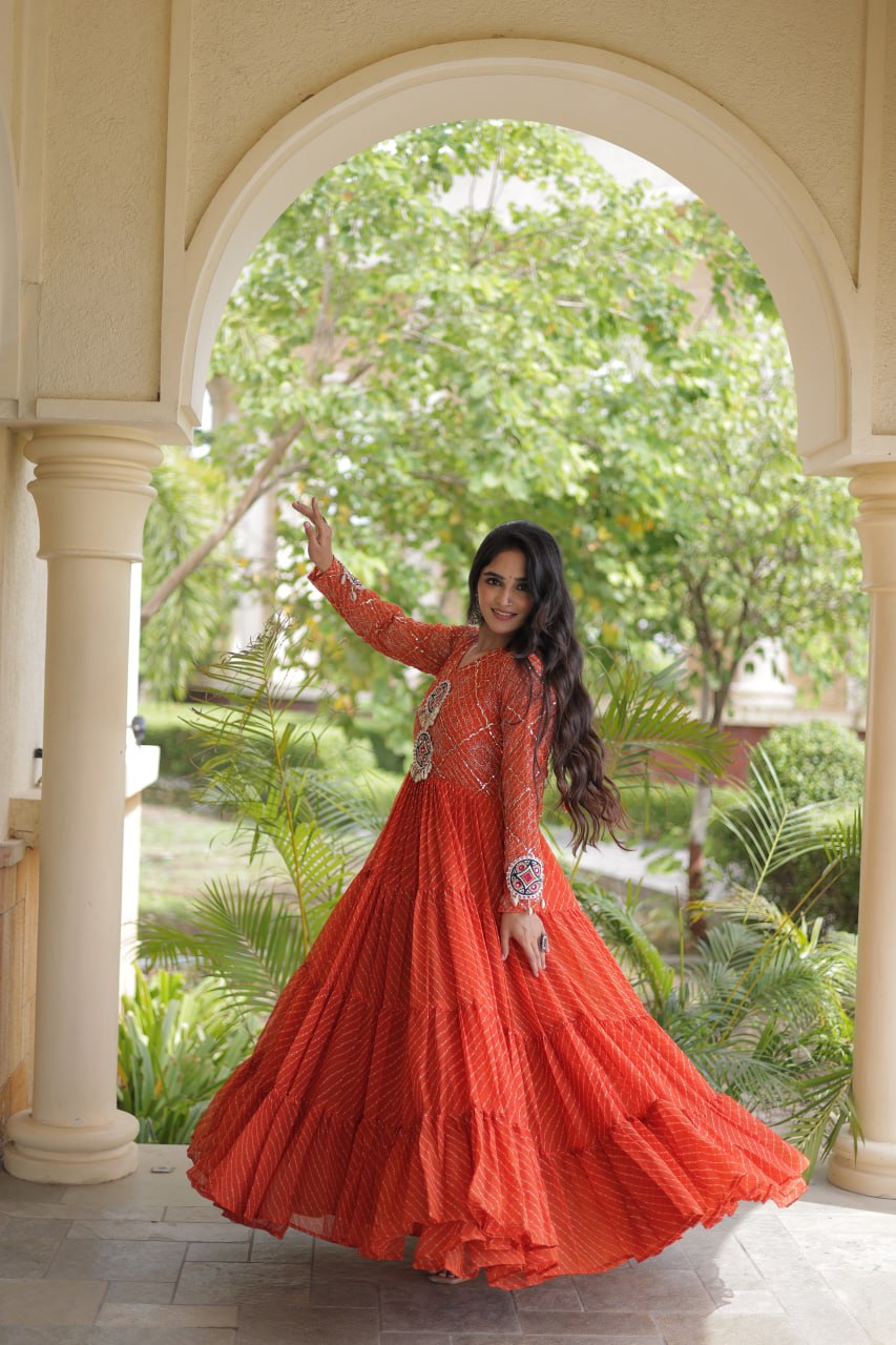 Orange Kutchi Patchwork Laheriya Gown