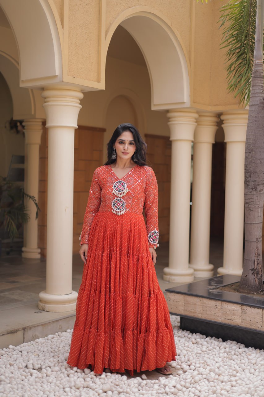 Orange Kutchi Patchwork Laheriya Gown