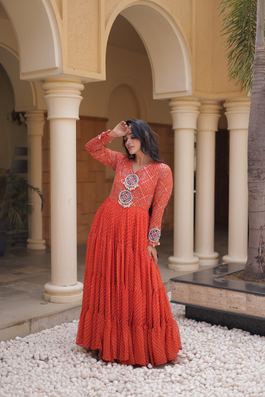 Orange Kutchi Patchwork Laheriya Gown
