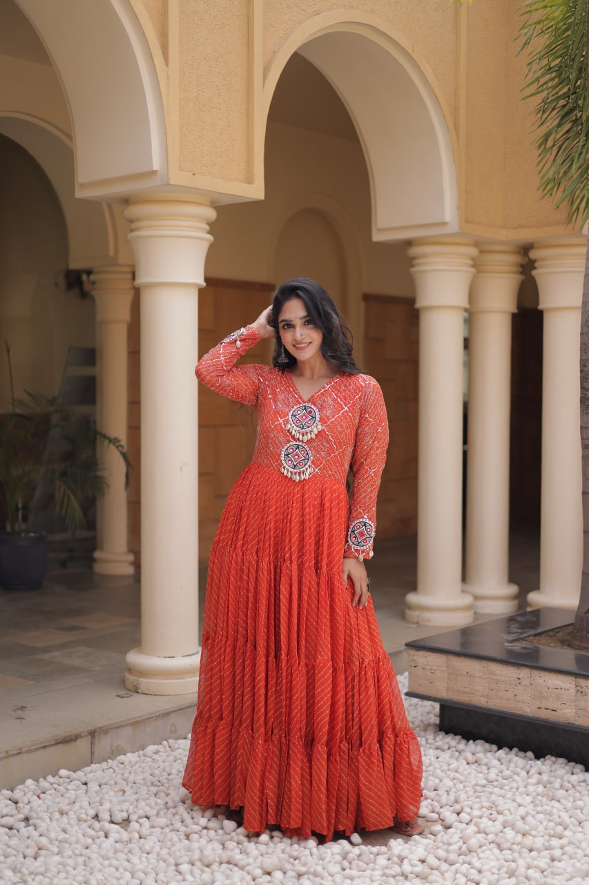 Orange Kutchi Patchwork Laheriya Gown