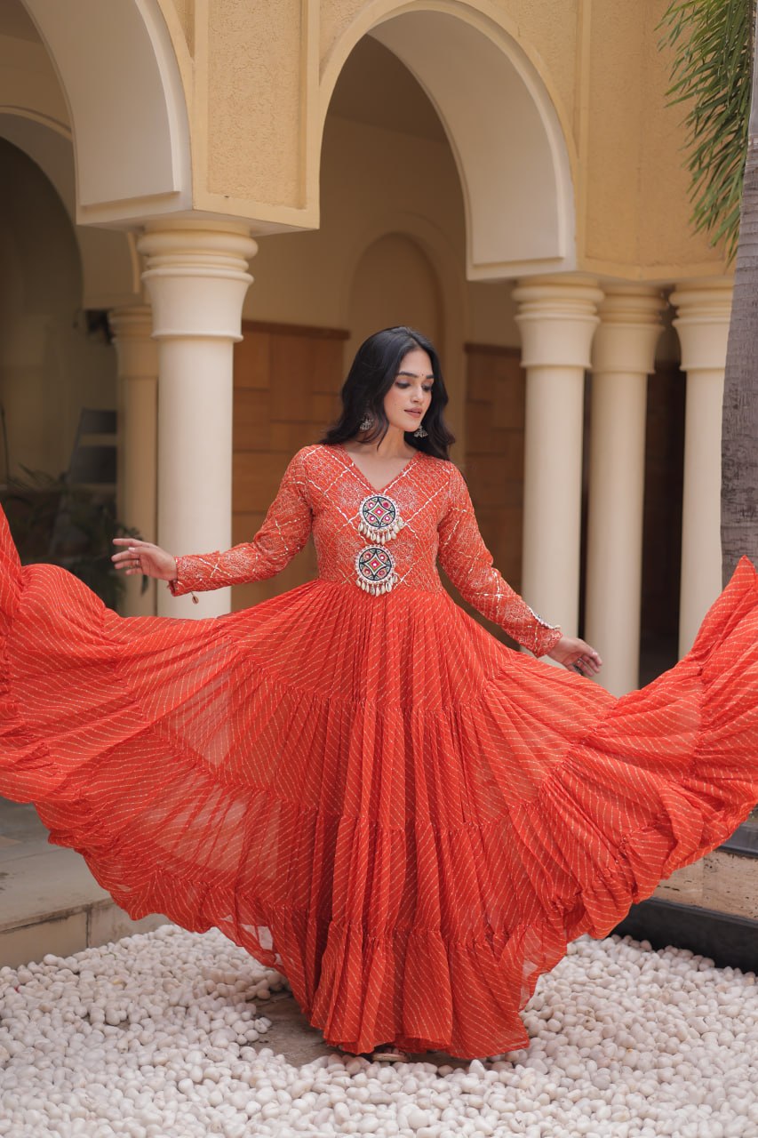 Orange Kutchi Patchwork Laheriya Gown