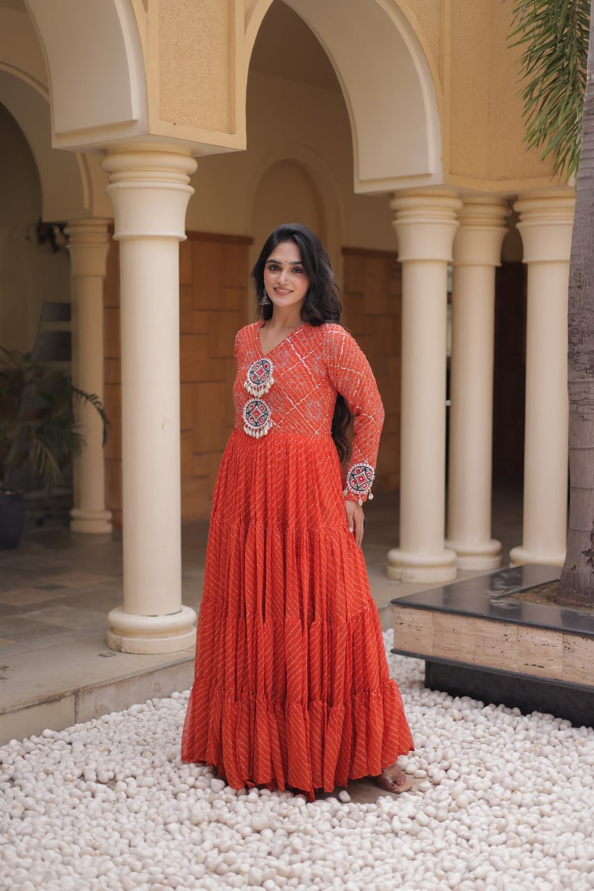 Orange Kutchi Patchwork Laheriya Gown