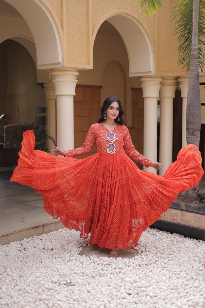 Orange Kutchi Patchwork Laheriya Gown