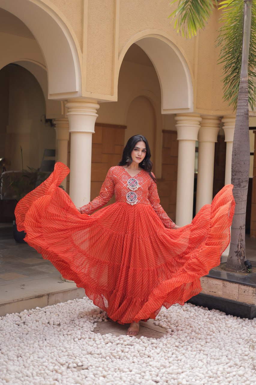 Orange Kutchi Patchwork Laheriya Gown