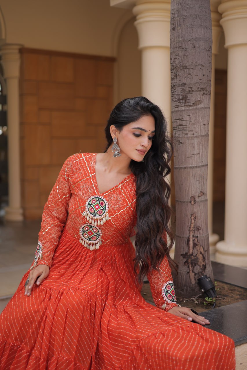 Orange Kutchi Patchwork Laheriya Gown
