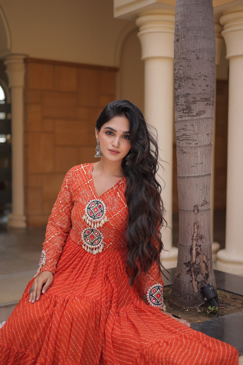 Orange Kutchi Patchwork Laheriya Gown