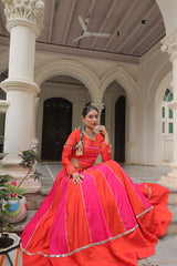 Orange & Pink Roman Fabric Lehenga Choli with Mirror Lace & Gamthi Thread Work