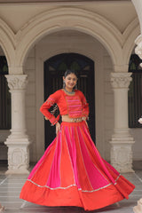 Orange & Pink Roman Fabric Lehenga Choli with Mirror Lace & Gamthi Thread Work