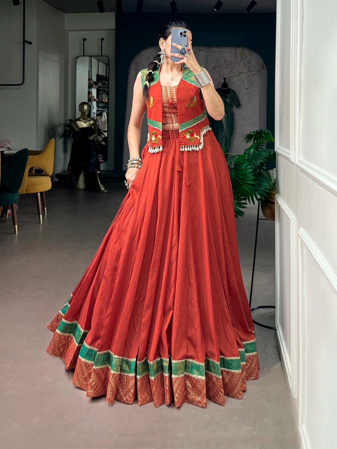 Orange Pure Chanderi Lehenga with Jacket