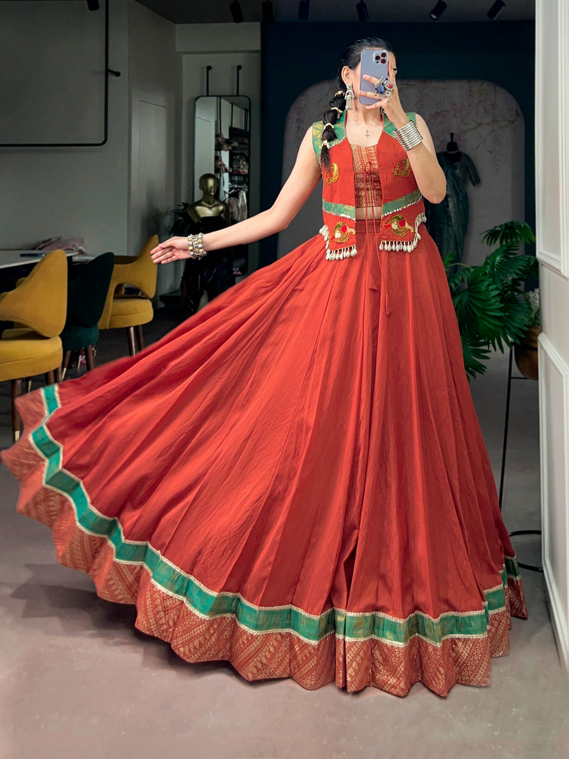 Orange Pure Chanderi Lehenga with Jacket