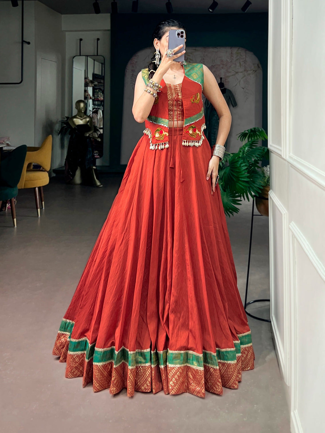 Orange Pure Chanderi Lehenga with Jacket
