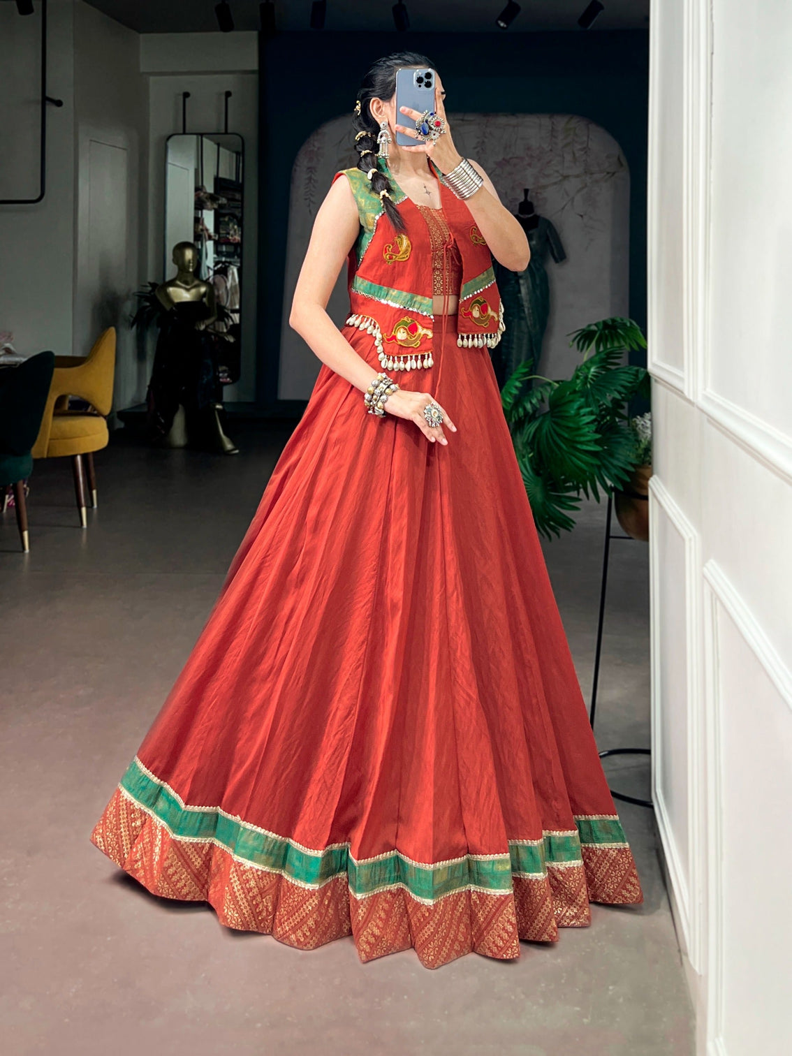 Orange Pure Chanderi Lehenga with Jacket