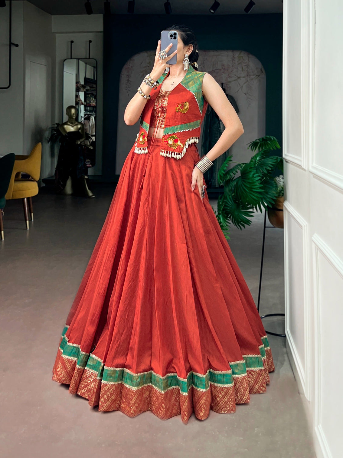 Orange Pure Chanderi Lehenga with Jacket